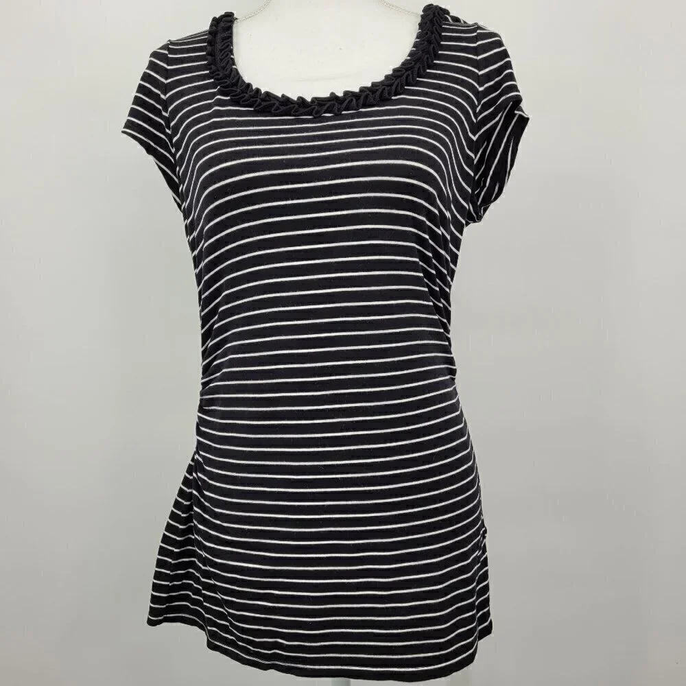 WHBM Ruffle Neckline Black & White Striped Tee - Picture 1 of 11